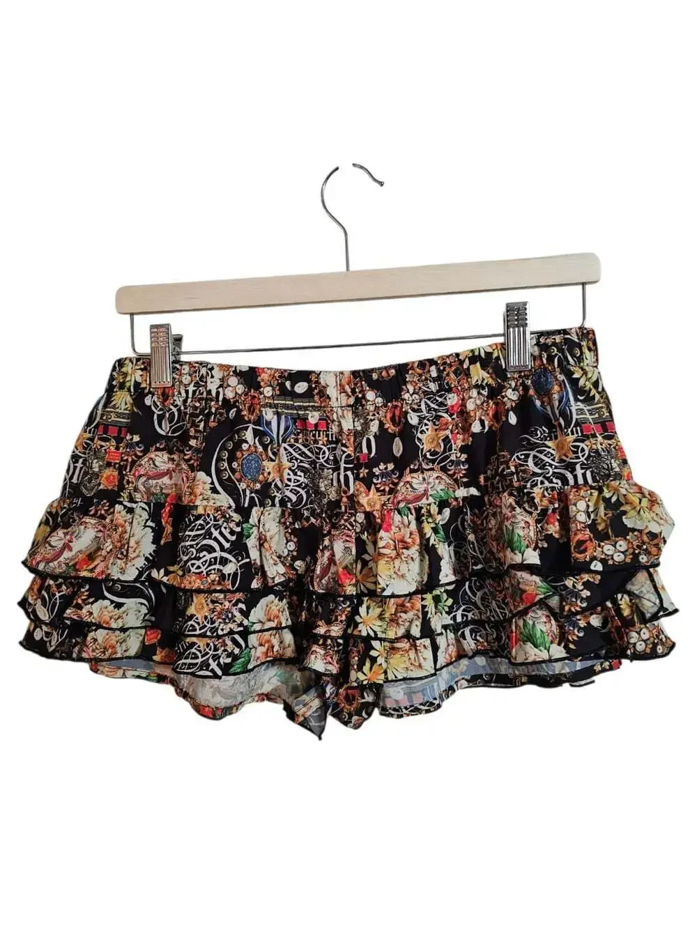 Lisa Blue Women's US 10 Large Black Silk Baroque Print Ruffled Mini Shorts Y2K